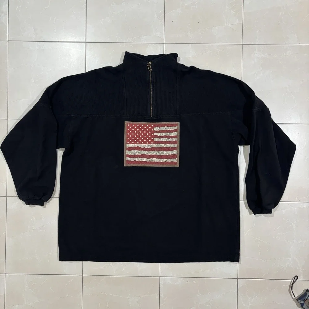 Vintage American Flag Sweater Made In USA Ribbed Cotton 1/4 Zip Men's XL July